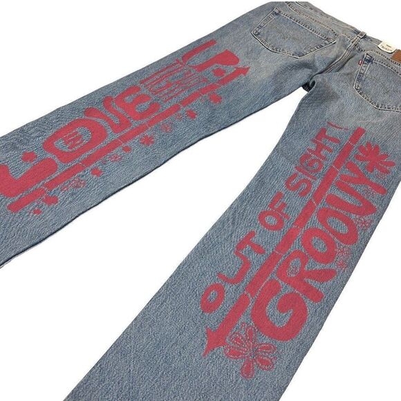 LEVIS 33x34 Premium 501 Original SUMMER LOVE JEANS Festival Sun Floral Groovy - Picture 2 of 15
